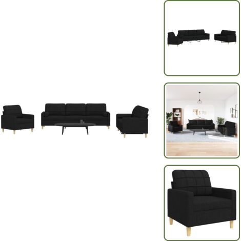 The Living Store Set Divani 3 pz con Cuscini Decorativi Nero in Tessuto - Divano a 3 posti