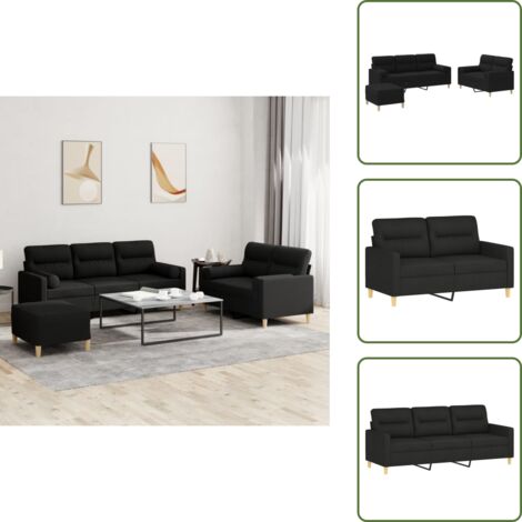The Living Store Set Divani 3 pz con Cuscini Nero in Tessuto - Divano a 3 posti