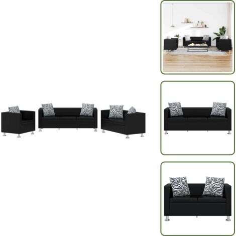 The Living Store Set Divani a 3 e a 2 Posti e Poltrona in Similpelle Nero - Divano a 2 posti