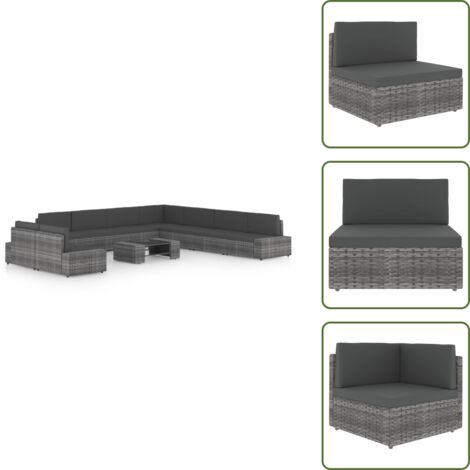 The Living Store Set Divani da Giardino 10 pz con Cuscini in Polyrattan Grigio - Sedile da esterno