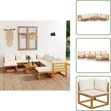 The Living Store Set Divani da Giardino 11 pz con Cuscini Crema in Legno Acacia - Divano in legno
