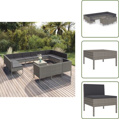The Living Store Set Divani da Giardino 14 pz con Cuscini in Polyrattan Grigio - Set da giardino