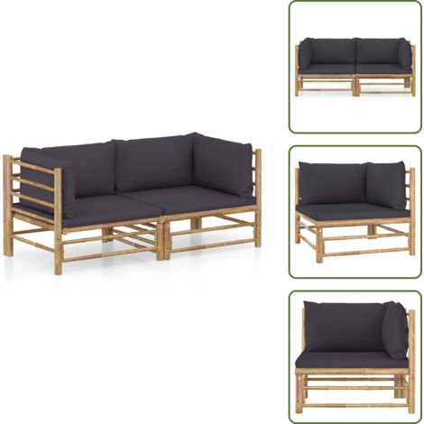 The Living Store Set Divani da Giardino 2 pz con Cuscini Grigio Scuro in Bambù - Divano da giardino con cuscini