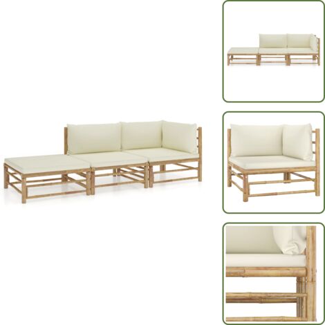 The Living Store Set Divani da Giardino 3 pz con Cuscini Bianco Crema in Bambù - Set da giardino