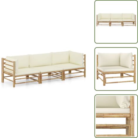 The Living Store Set Divani da Giardino 3 pz con Cuscini Bianco Crema in Bambù - Set da giardino
