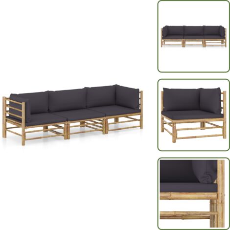 The Living Store Set Divani da Giardino 3 pz con Cuscini Grigio Scuro in Bambù - Set da giardino