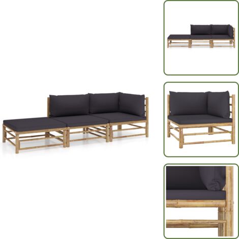 The Living Store Set Divani da Giardino 3 pz con Cuscini Grigio Scuro in Bambù - Set da giardino