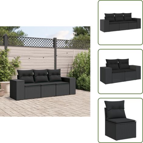 The Living Store Set Divani da Giardino 3 pz con Cuscini in Polyrattan Nero - Poltrone da giardino