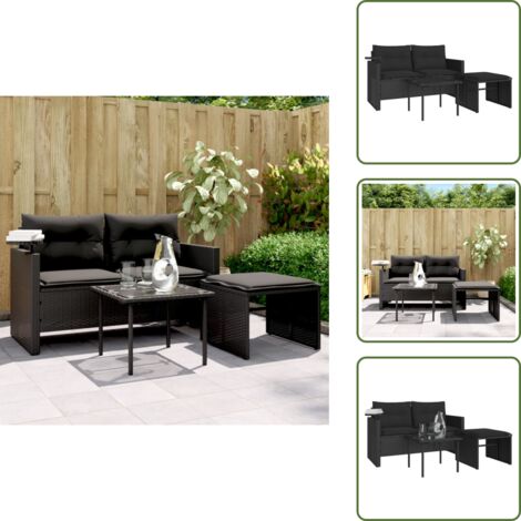 The Living Store Set Divani da Giardino 3 pz con Cuscini in Polyrattan Nero - Tavolino da giardino