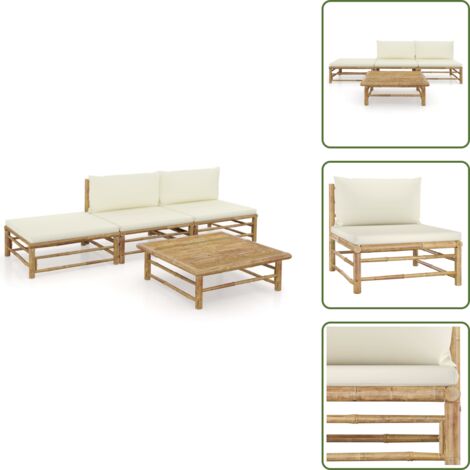 The Living Store Set Divani da Giardino 4 pz con Cuscini Bianco Crema in Bambù - Set da giardino