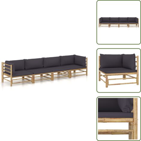 The Living Store Set Divani da Giardino 4 pz con Cuscini Grigio Scuro in Bambù - Divano da giardino con cuscini