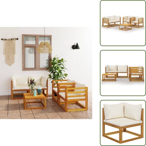 The Living Store Set Divani da Giardino 5 pz con Cuscini Crema Massello Acacia - Poltrone da giardino
