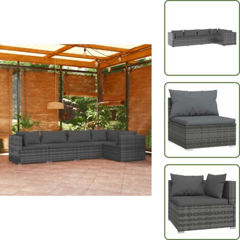 The Living Store Set Divani da Giardino 5 pz con Cuscini in Polyrattan Grigio - Divano angolare