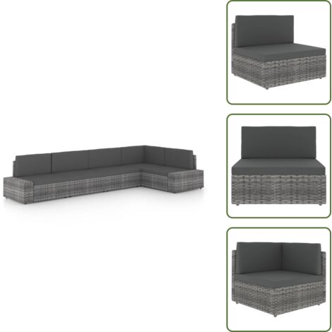 The Living Store Set Divani da Giardino 5 pz con Cuscini in Polyrattan Grigio - Sedile da esterno