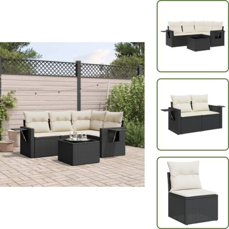 The Living Store Set Divani da Giardino 5 pz con Cuscini in Polyrattan Nero - Seduta angolare