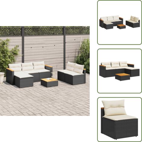 The Living Store Set Divani da Giardino 5 pz con Cuscini Nero Polyrattan Acacia - Divano da esterno