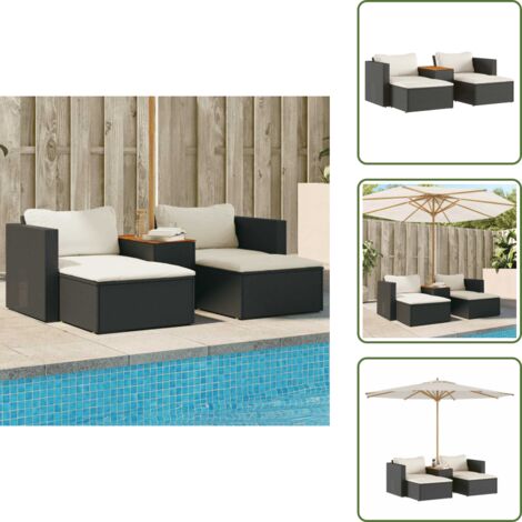 The Living Store Set Divani da Giardino 5 pz con Cuscini Nero Polyrattan Acacia - Poltrona da giardino