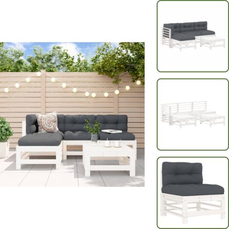 The Living Store Set Divani da Giardino 5pz con Cuscini in Legno Massello Bianco - Divano in legno