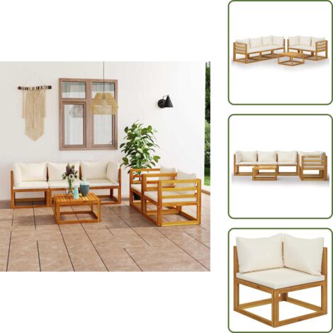 The Living Store Set Divani da Giardino 6 pz con Cuscini Crema Massello Acacia - Divano in legno