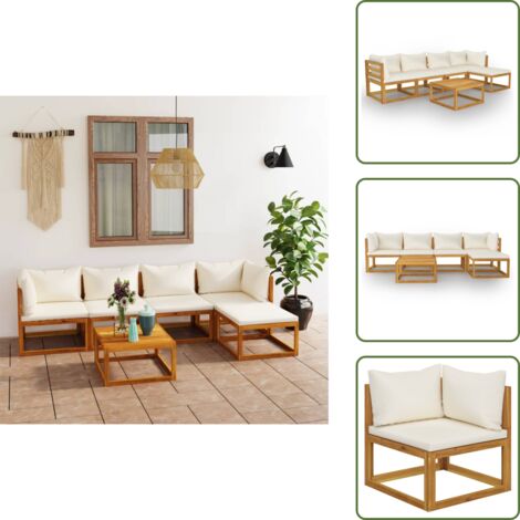 The Living Store Set Divani da Giardino 6 pz con Cuscini Crema Massello Acacia - Divano in legno