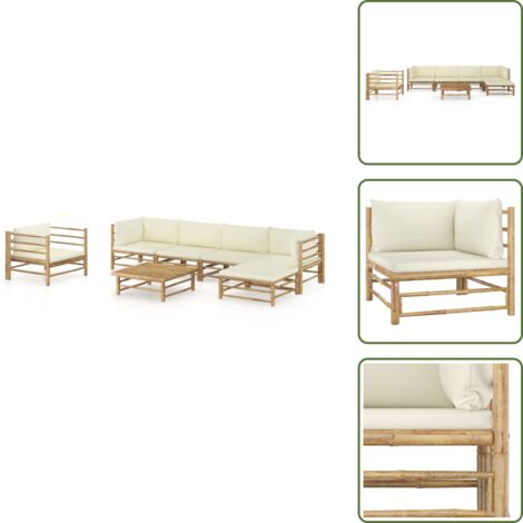 The Living Store Set Divani da Giardino 7 pz con Cuscini Bianco Crema in Bambù - Set da giardino
