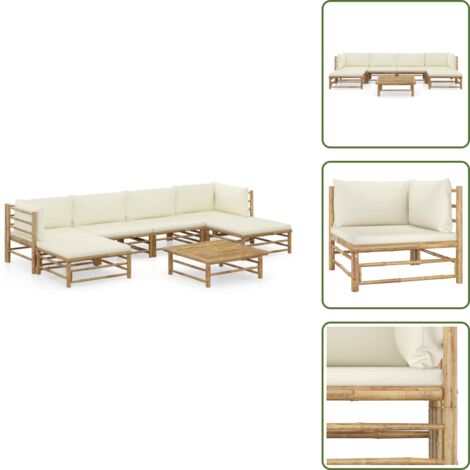 The Living Store Set Divani da Giardino 7 pz con Cuscini Bianco Crema in Bambù - Set divani da giardino