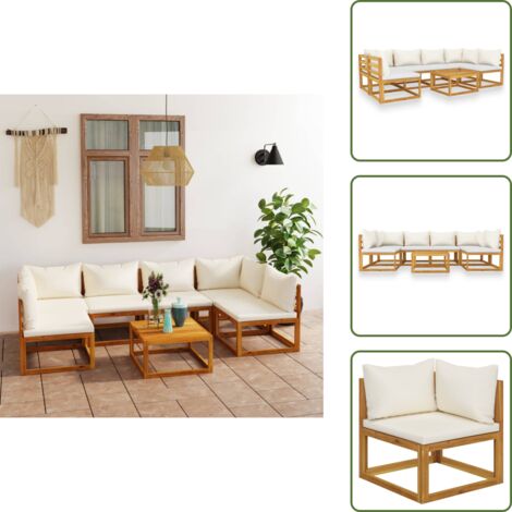 The Living Store Set Divani da Giardino 7 pz con Cuscini Crema Massello Acacia - Divano in legno