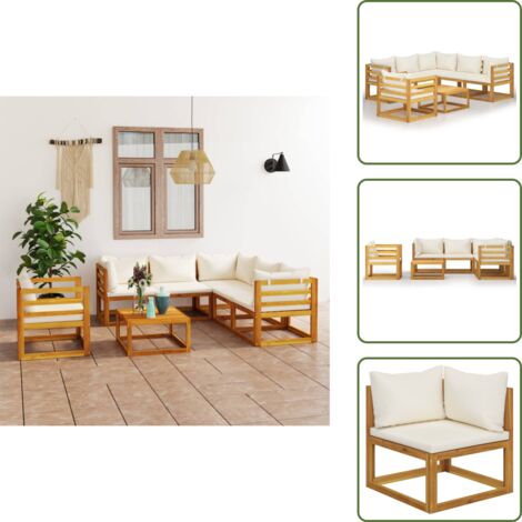 The Living Store Set Divani da Giardino 7 pz con Cuscini Crema Massello Acacia - Divano in legno