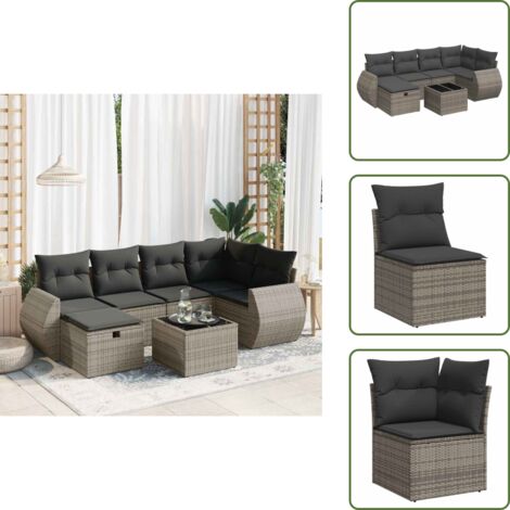 The Living Store Set Divani da Giardino 7 pz con Cuscini Grigio in Polyrattan - Poltrona da giardino