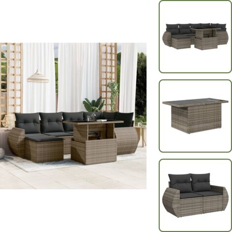The Living Store Set Divani da Giardino 7 pz con Cuscini Grigio in Polyrattan - Seduta angolare