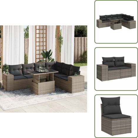 The Living Store Set Divani da Giardino 7 pz con Cuscini Grigio in Polyrattan - Seduta angolare