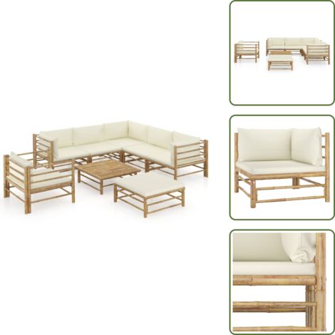 The Living Store Set Divani da Giardino 8 pz con Cuscini Bianco Crema in Bambù - Set divani da giardino