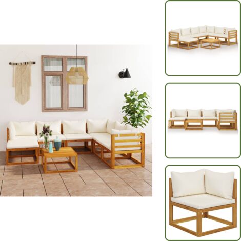 The Living Store Set Divani da Giardino 8 pz con Cuscini Crema Massello Acacia - Divano in legno