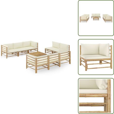 The Living Store Set Divani da Giardino 9 pz con Cuscini Bianco Crema in Bambù - Set divani da giardino