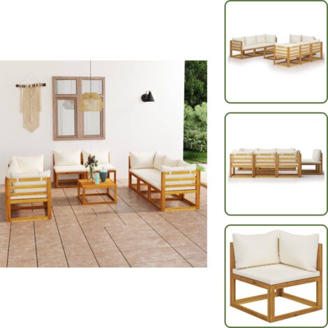 The Living Store Set Divani da Giardino 9 pz con Cuscini Crema Legno di Acacia - Divano in legno