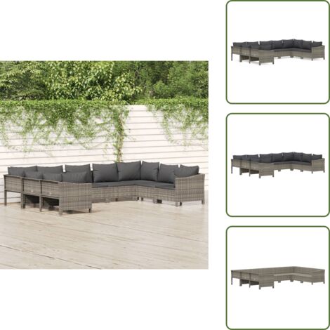 The Living Store Set Divani da Giardino 9 pz con Cuscini in Polyrattan Grigio - Divano in rattan