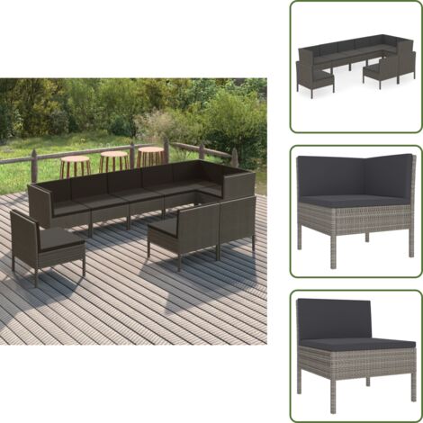The Living Store Set Divani da Giardino 9 pz con Cuscini in Polyrattan Grigio - Set da giardino