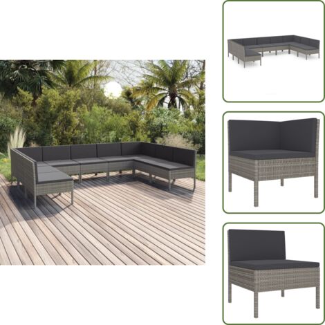 The Living Store Set Divani da Giardino 9 pz con Cuscini in Polyrattan Grigio - Set da giardino