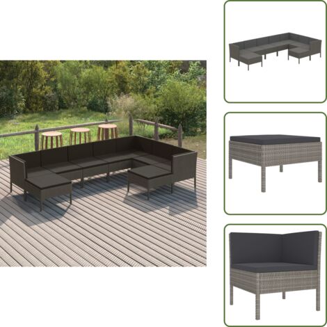 The Living Store Set Divani da Giardino 9 pz con Cuscini in Polyrattan Grigio - Set da giardino
