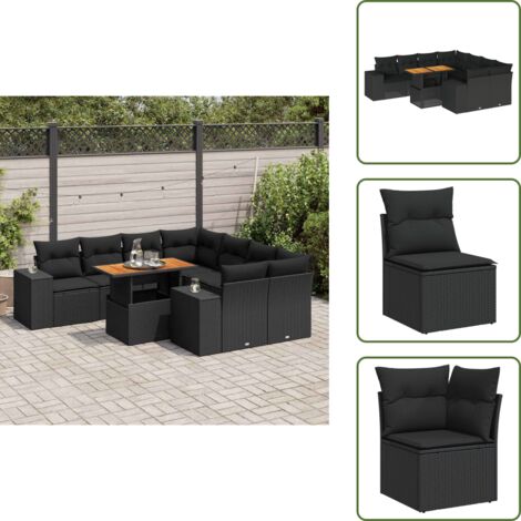 The Living Store Set Divani da Giardino 9 pz con Cuscini Nero in Polyrattan - Sedute angolari