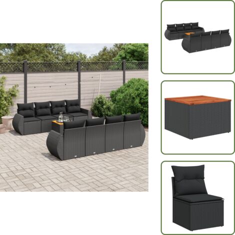 The Living Store Set Divani da Giardino 9 pz con Cuscini Nero in Polyrattan - Sedute da esterno