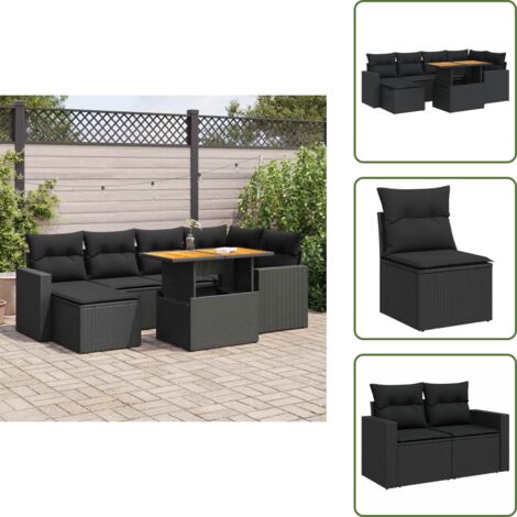 The Living Store Set Divani da Giardino con Cuscini 7pz Nero Polyrattan - Seduta angolare