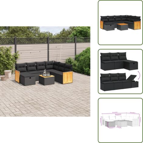 The Living Store Set Divani da Giardino con Cuscini 8 pz Nero in Polyrattan - Seduta da esterno