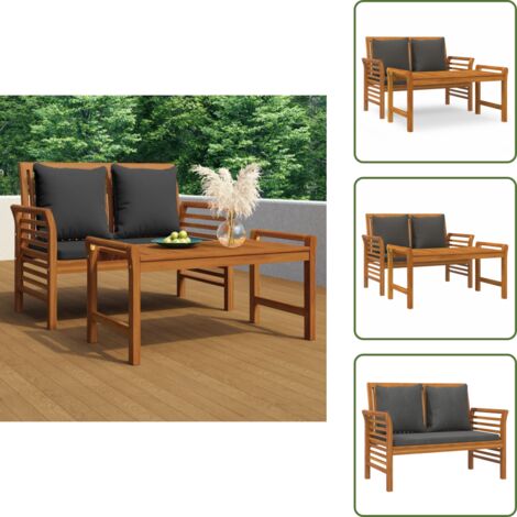 The Living Store Set Divani Giardino 2pz con Cuscini Grigio Scuro Legno Massello - Tavolino da salotto