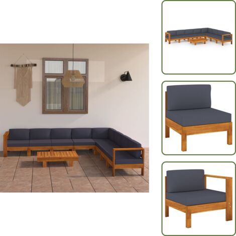The Living Store Set Divani Giardino 9 Posti Cuscini Grigi Scuro Massello Acacia - Divano in legno