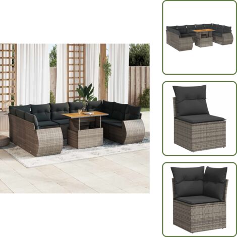 The Living Store Set Divano da Giardino 10 pz con Cuscini Grigio in Polyrattan - Sedute angolari
