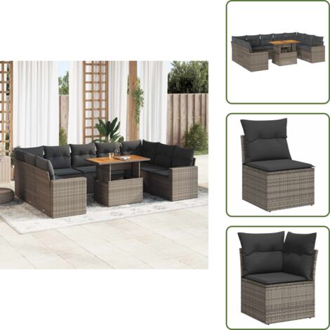 The Living Store Set Divano da Giardino 10 pz con Cuscini Grigio in Polyrattan - Sedute angolari