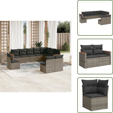 The Living Store Set Divano da Giardino 10 pz con Cuscini Grigio in Polyrattan - Sedute da esterno