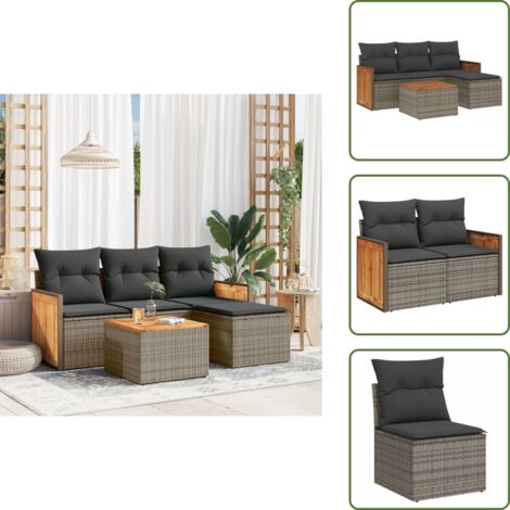 The Living Store Set Divano da Giardino 5 pz con Cuscini Grigio in Polyrattan - Poltrona da giardino