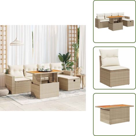 The Living Store Set Divano da Giardino 6 pz con Cuscini Beige Polyrattan Acacia - Sedute da giardino